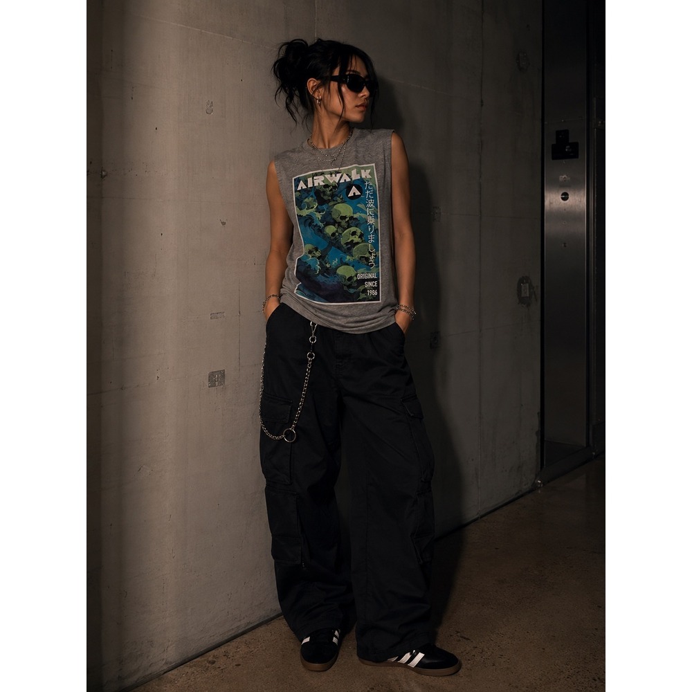 Airwalk Tank Top Mens XL Gray Skull Graphic Japanese Text‎ Sleeveless Muscle Tee